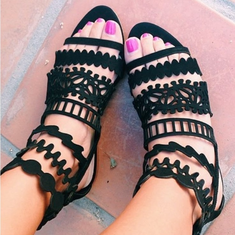Loeffler Randall Black Strappy Dixie Gladiator Zip Back Sandals Size 6.5